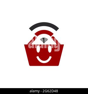 E-Commerce-Korb mit lustigen Emoticon WiFi-Logo und Vektor-Symbol Stockfoto