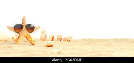 Sandy beach with beautiful starfish near sea on sunny summer day. Stockfoto