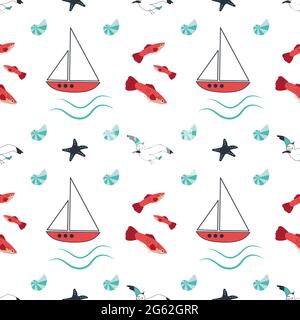 Sommerliches Meeresmuster mit Schiffen, Wellen, Seesternen, Möwen und Fischen auf weißem Hintergrund Stock Vektor