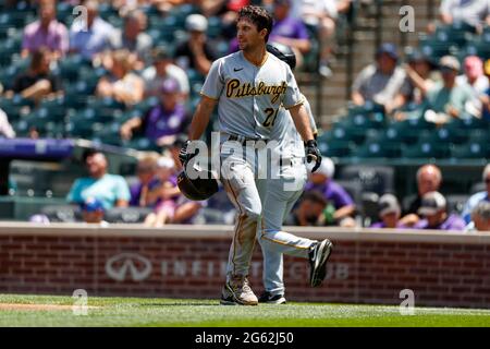 Pittsburgh Pirates Second Basemen Adam Frazier (26) reagiert während eines MLB-Spiels in der regulären Saison gegen die Colorado Rockies, Mittwoch, 29. Juni 2021 in Stockfoto