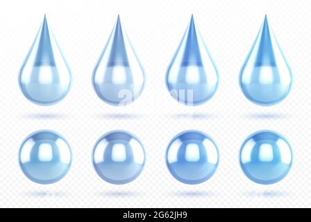 Blaue Wassertropfen isoliert auf transparentem Hintergrund. Vector realistische Icon Set aus flüssigen Tröpfchen und Aqua-Kugeln, saubere und reine regen tropft und glänzend runden Tau Stock Vektor