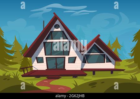 Ferienhaus im Wald, Holzhaus auf Stelzen auf grünem Feld zwischen Nadelbäumen. Luxuriöses Haus mit Terrasse auf Pfählen in sonnigem Holz. Eco Wohnung, Hotel, pc-Spiel Hintergrund, Cartoon-Vektor-Illustration Stock Vektor