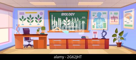 Klassenzimmer für das biologische Lernen mit Grafik auf Tafel, Plakaten mit menschlichen Organen und Pflanzen an der Wand. Vektor-Cartoon-Illustration von leeren Schule Klasse Interieur mit Lehrer Schreibtisch, Bücher und Mikroskop Stock Vektor