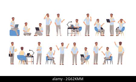 Setzen Geschäftsmann in verschiedenen Posen Gestengefühle und Körpersprache Konzept Stock Vektor