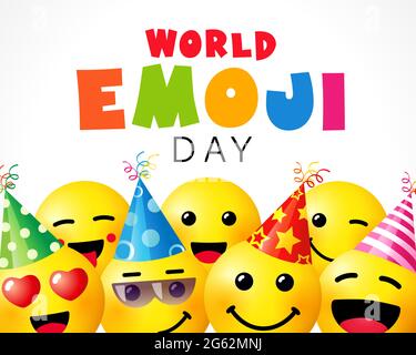 Welt Emoji Tag, lächeln Hintergrund Vorlage. 17. Juli, Welt Emoji Tag Text mit niedlichen Emoticon-Symbol in Party-Hut auf weißem leeren Hintergrund Vektor-Karte Stock Vektor