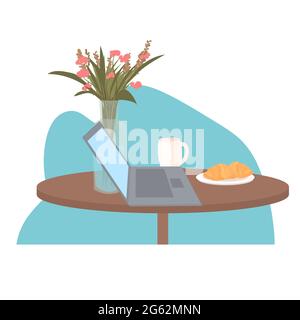 Laptop Blumen Kaffeetasse und Croissant auf dem Tisch Arbeit von zu Hause selbst Isolation Konzept Stock Vektor