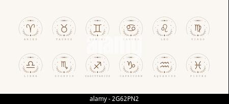 Tierkreiszeichen im Boho-Stil. Satz astrologischer Symbole auf weißem Hintergrund isoliert. Mystery und esoterisch. Horoskop Logo Vektor Illustration Stock Vektor