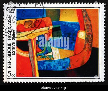 FRANKREICH - UM 1986: Eine in Frankreich gedruckte Briefmarke zeigt Skibet, Abstract von Maurice Esteve, um 1986 Stockfoto