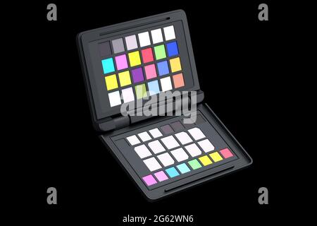 Regenbogen Farbpalette oder colorchecker Kalibrierpass für die Postproduktion in der Fotografie isoliert auf schwarzem Hintergrund. 3D-Rendering von Beruf Stockfoto