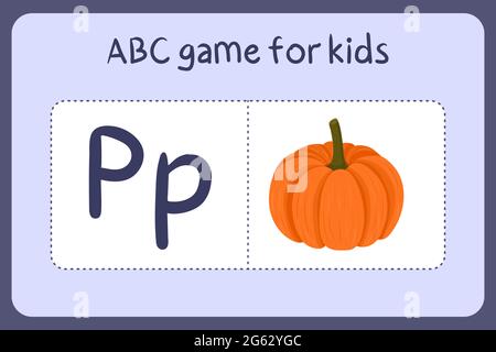 Kind Alphabet Mini-Spiele im Cartoon-Stil mit dem Buchstaben P - Kürbis. Vektor-Illustration für Spiel-Design - Schneiden und spielen. Lerne abc mit Flash-Karten für Obst und Gemüse. Stock Vektor