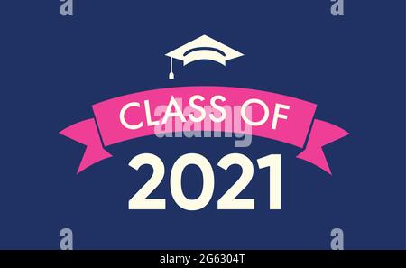 Klasse von 2021 mit Graduation Cap. Flaches schlichtes Design auf Blau Stock Vektor