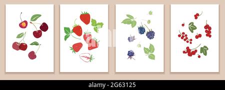 Sammlung von Plakaten für moderne Kunst. Abstrakte Abbildung von Früchten. Kirschen, Erdbeeren, Brombeeren, Johannisbeeren. Abstrakte Papierschnitt-Elemente, Berrie Stock Vektor