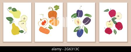 Sammlung von Plakaten für moderne Kunst. Abstrakte Abbildung von Früchten. Birne, Kürbis, Pflaume, Äpfel. Abstrakt Papier geschnitten Elemente, Beeren und Gemüse fo Stock Vektor