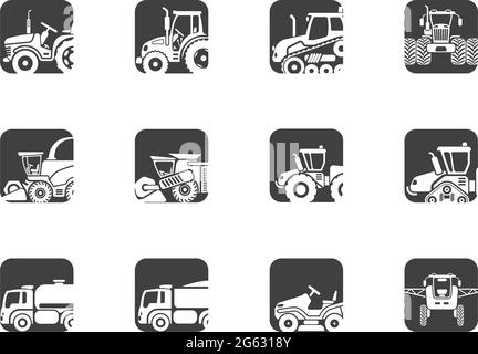 Landwirtschaftliche Fahrzeuge Symbole gesetzt Stock Vektor