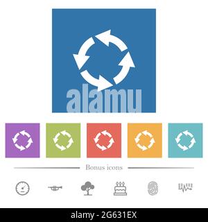 Drehen Sie flache weiße Symbole in quadratischen Hintergründen nach links. 6 Bonus-Symbole enthalten. Stock Vektor