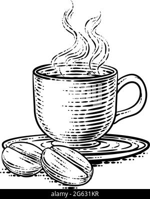 Kaffeebohnen Und Tasse Vintage Holzschnitt Illustration Stock Vektor