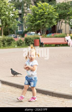 Kleines Mädchen Kleinkind läuft nach Tauben. Sommerzeit. Stockfoto