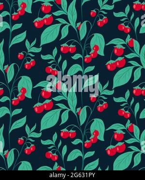 Nahtloses Muster mit Kirschtomaten auf den Büschen mit Blättern auf dunkeltürkisfarbenem Hintergrund. Natürliche, flache Textur. Gartenbau und Gartenbau. Stock Vektor