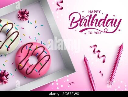 Geburtstagsdonut Vektor-Design. Alles gute zum Geburtstag, um Sie Text in rosa Hintergrund mit Donuts süße Geburt Tag Dessert für Feier Grußkarte. Stock Vektor