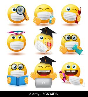 Smiley covid-19 Studenten Vektorset. Emojis Schüler Charaktere tragen Gesichtsmaske und halten pädagogische Elemente für das Studium mit Sicherheit. Stock Vektor