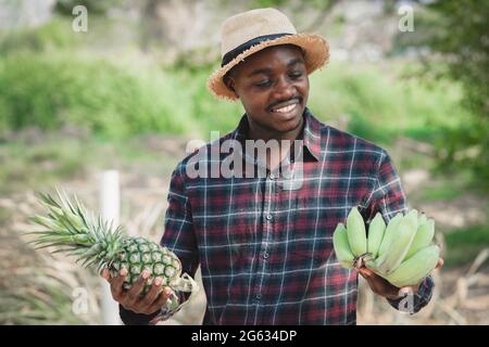 Afrikanischer Bauer Mann hält Ananas und Banane auf Bio-Farm mit Lächeln und glücklich.Landwirtschaft oder Anbaukonzept Stockfoto