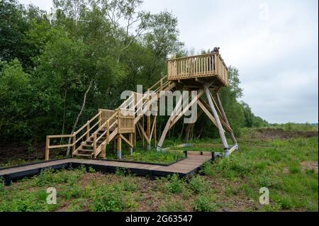 Mammoth Tower Whixhall Moss, Shropshire. Eine neue Gelegenheit, dieses Naturschutzgebiet aus einer anderen Perspektive zu sehen. Stockfoto