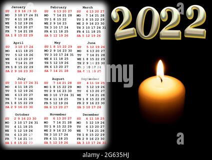 Kalender für 2022 mit US-Feiertagen mit einem Foto einer heißen Kerze im Dunkeln. Wand- oder Tischkalender für 2022 Stockfoto