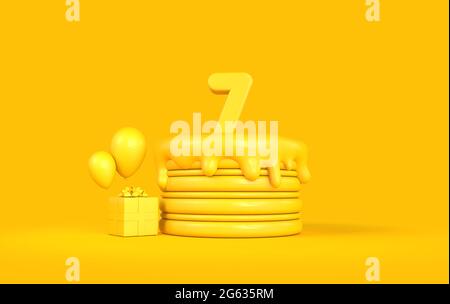 Happy 7th Birthday Feier Kuchen mit Geschenk und Ballons. 3D-Rendering Stockfoto