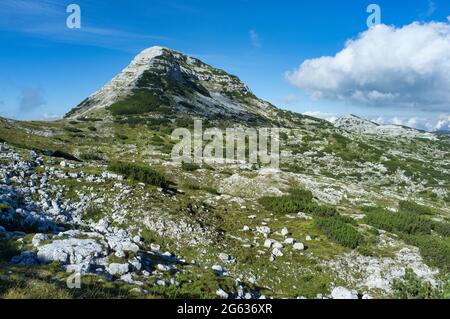 Cima 12 (Peak Twelve) auf der Hochebene von Asiago, Vicenza, Italien, mit Wolken und klarem Himmel Stockfoto