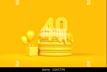 Happy 40th Birthday Feier Kuchen mit Geschenk und Ballons. 3D-Rendering Stockfoto