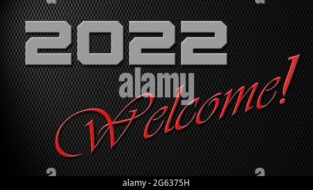 2022 BEGRÜSSUNGSSCHRIFTZUG mit karbongrafischen Elementen auf dunklem Hintergrund - 3D Illustration Stockfoto