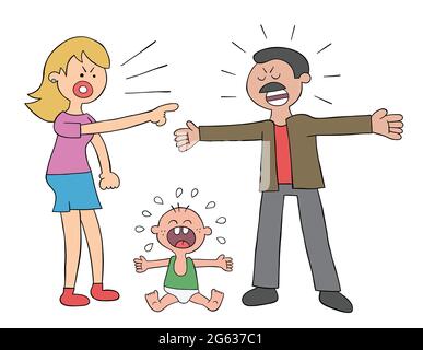 Cartoon Eltern kämpfen und Baby weinen, Vektor-Illustration. Farbige und schwarze Umrisse. Stock Vektor