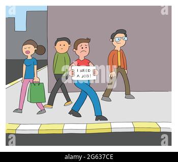 Cartoon-Mann ist arbeitslos und läuft auf der Straße mit einem Schild, das sagt, ich brauche einen Job, Vektor-Illustration. Farbige und schwarze Umrisse. Stock Vektor