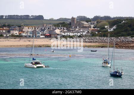 Porthcressa Baech, Hugh Town on St Mary's, Isles of Scilly, Cornwall, Großbritannien Stockfoto