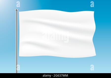 Weiße Flagge winkt auf blauem Himmel Hintergrund. Vektorflaggenmockup. Stock Vektor
