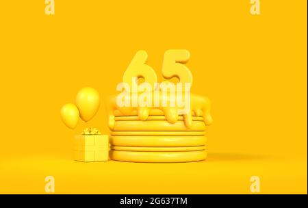 Happy 65. Geburtstag Feier Kuchen mit Geschenk und Ballons. 3D-Rendering Stockfoto