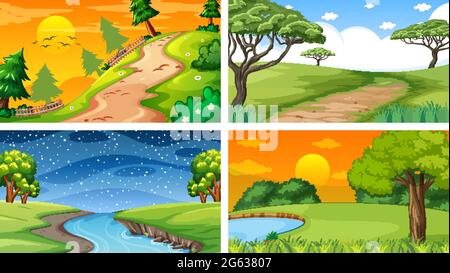 Vier verschiedene Szenen von Naturpark und Wald Illustration Stock Vektor