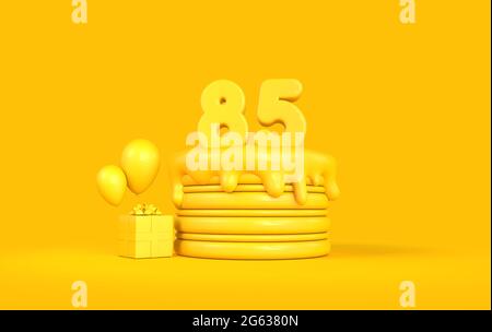 Happy 85. Geburtstag Feier Kuchen mit Geschenk und Ballons. 3D-Rendering Stockfoto