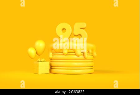 Happy 95. Geburtstag Feier Kuchen mit Geschenk und Ballons. 3D-Rendering Stockfoto