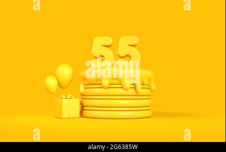 Happy 55. Geburtstag Feier Kuchen mit Geschenk und Ballons. 3D-Rendering Stockfoto