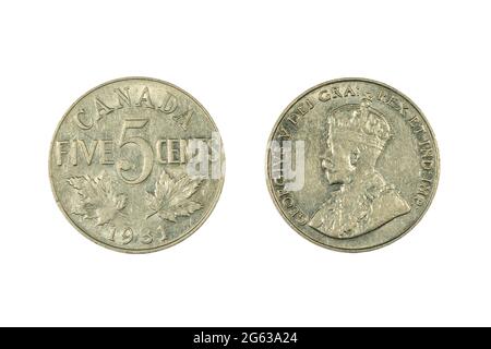 Eine kanadische 5-Cent-Münze von 1931. Vorderseite: König George V. Rückseite: Ahornblätter Stockfoto