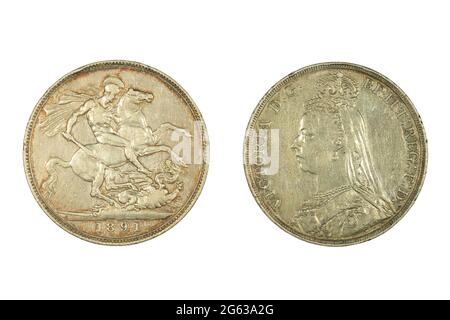 Eine 1891 britische Krone (5 Schilling) Münze. Rückseite: St. George und der Drache. Vorderseite: 'Jubilee Head' Porträt von Königin Victoria Stockfoto