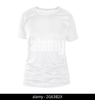 Weiße T-Shirt-Vorlage auf unsichtbare Schaufensterpuppe isoliert auf weißem Hintergrund, für Ihr Design Mockup Stockfoto