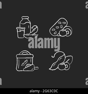 Kalkweiße Symbole für Sojagerichte auf dunklem Hintergrund Stock Vektor
