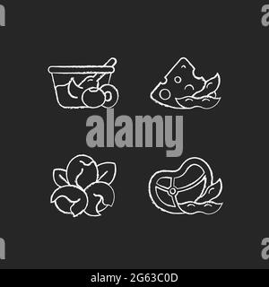 Kalkweiße Symbole für Sojazutaten auf dunklem Hintergrund Stock Vektor