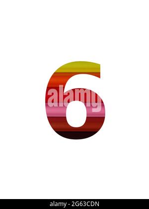 Nummer 6 des Alphabets mit Farbstift, in gelb, orange, rot, pink, Braun Stockfoto