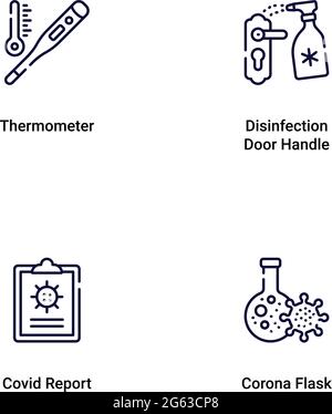 Vektor editierbare Strichsymbole für praktische Tipps zur COVID19-Kontaminationsvermeidung durch Coronaviren. Enthalten Symbole Symptome, Übertragung. Stock Vektor