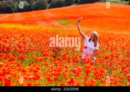 Bewdley, Worcestershire, Großbritannien. Juli 2021. Eine Frau nimmt an einem warmen und sonnigen Tag Selfies in einem herrlichen Mohnmeer auf einem Feld in der Nähe von Bewdley, Worcestershire, auf. Peter Lopeman/Alamy Live News Stockfoto