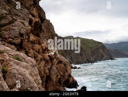 Möwe fliegt entlang der Klippe mit Blick auf das Meer im Hintergrund. Schöne Kulisse für Ihr Design. Wildlife-Konzept. Speicherplatz kopieren. Stockfoto