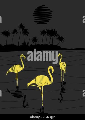 flamingo Vögel Gold Papier Silhouetten stehen im Wasser in der Nacht abstrakte Landschaft mit schwarzem Mond und Palmen Meer Vektor-Illustration Stock Vektor